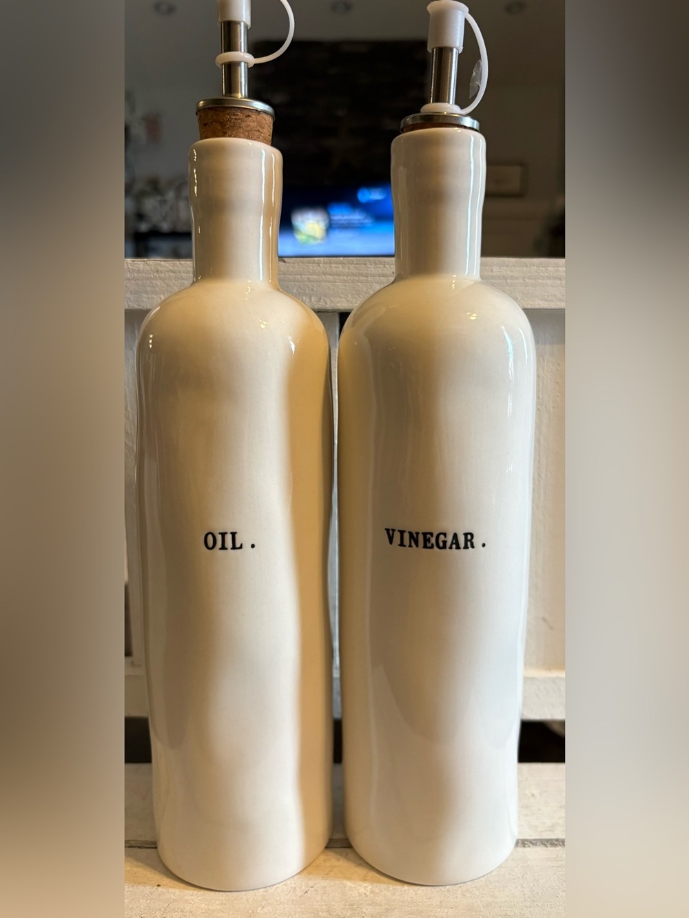 Rae Dunn Ceramic Oil & Vinegar Bottles in Cream